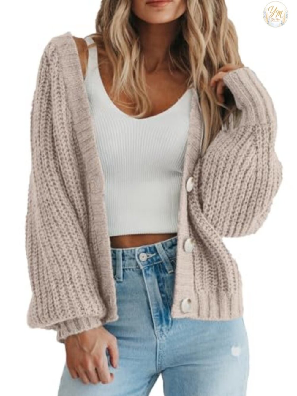 Women's Chunky Knit Open Front Button Cardigan V-Neck Oversized Sweater